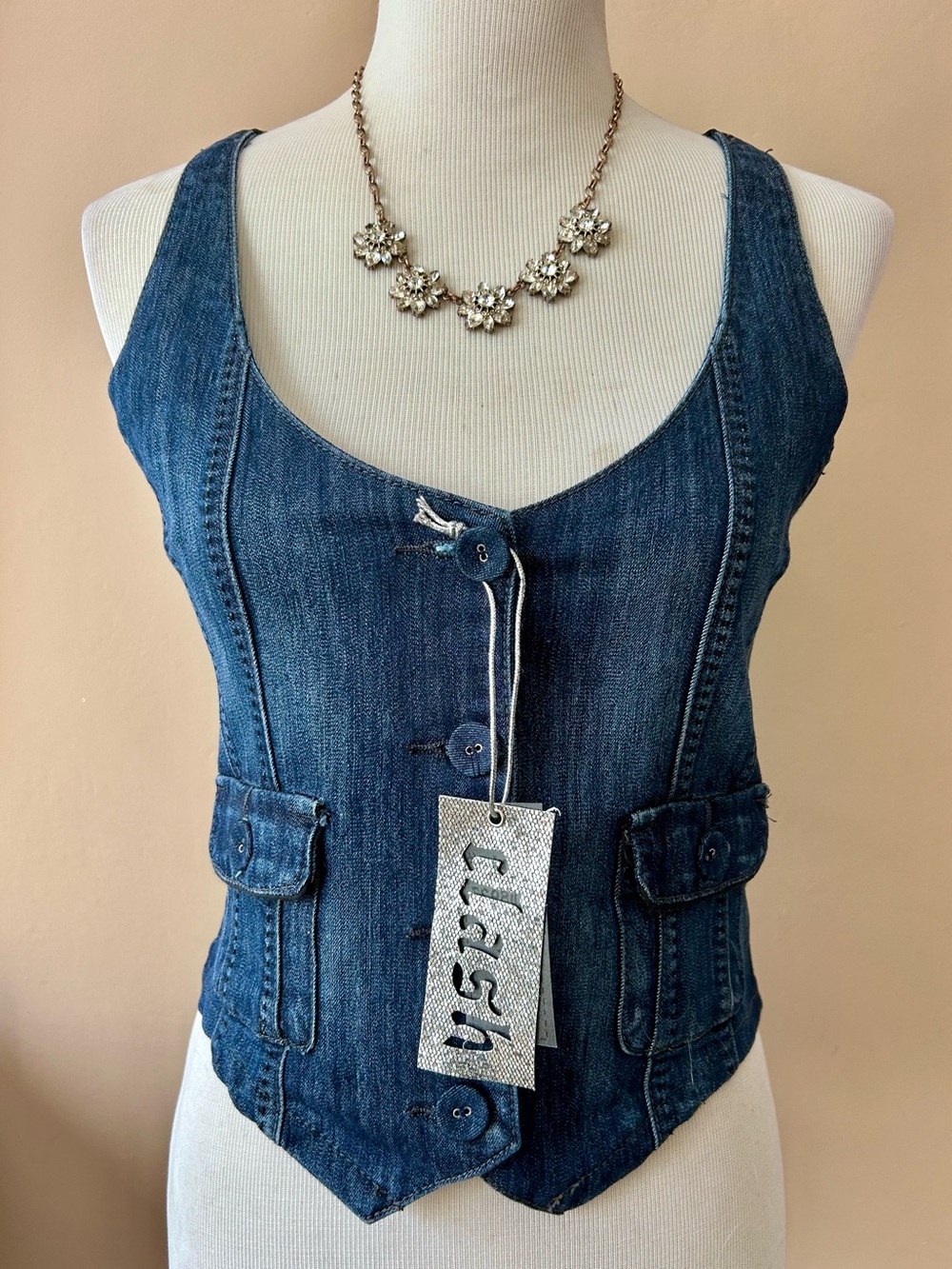 Y2K Tailored Fitted Denim Vest Women’s Clash Jeans Button Front NWT